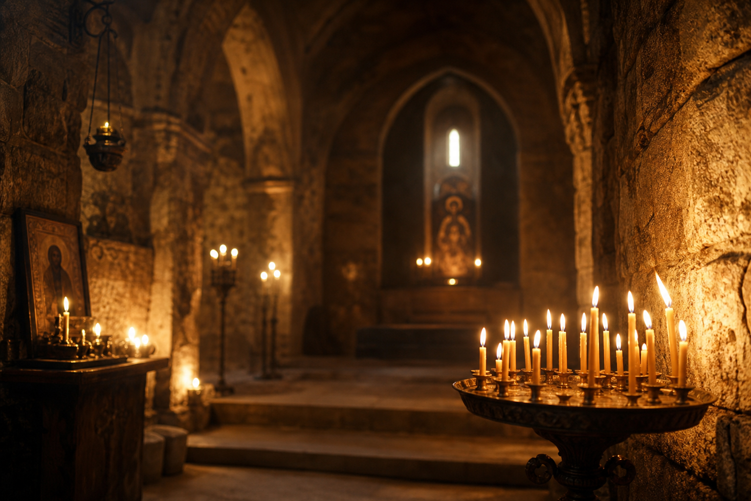 Van medyumları kilise iç mekânı mum ışığı spiritüel atmosfer